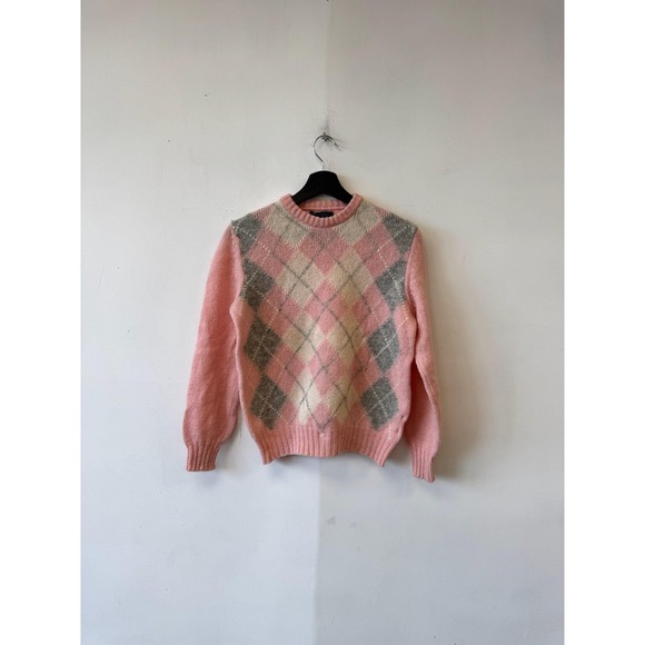 Vintage Burberrys Sweater Womens Medium Pink Argyle Shetland Wool Scotland 80s - Picture 1 of 6